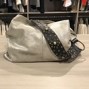 Silver leather large shoulder bag